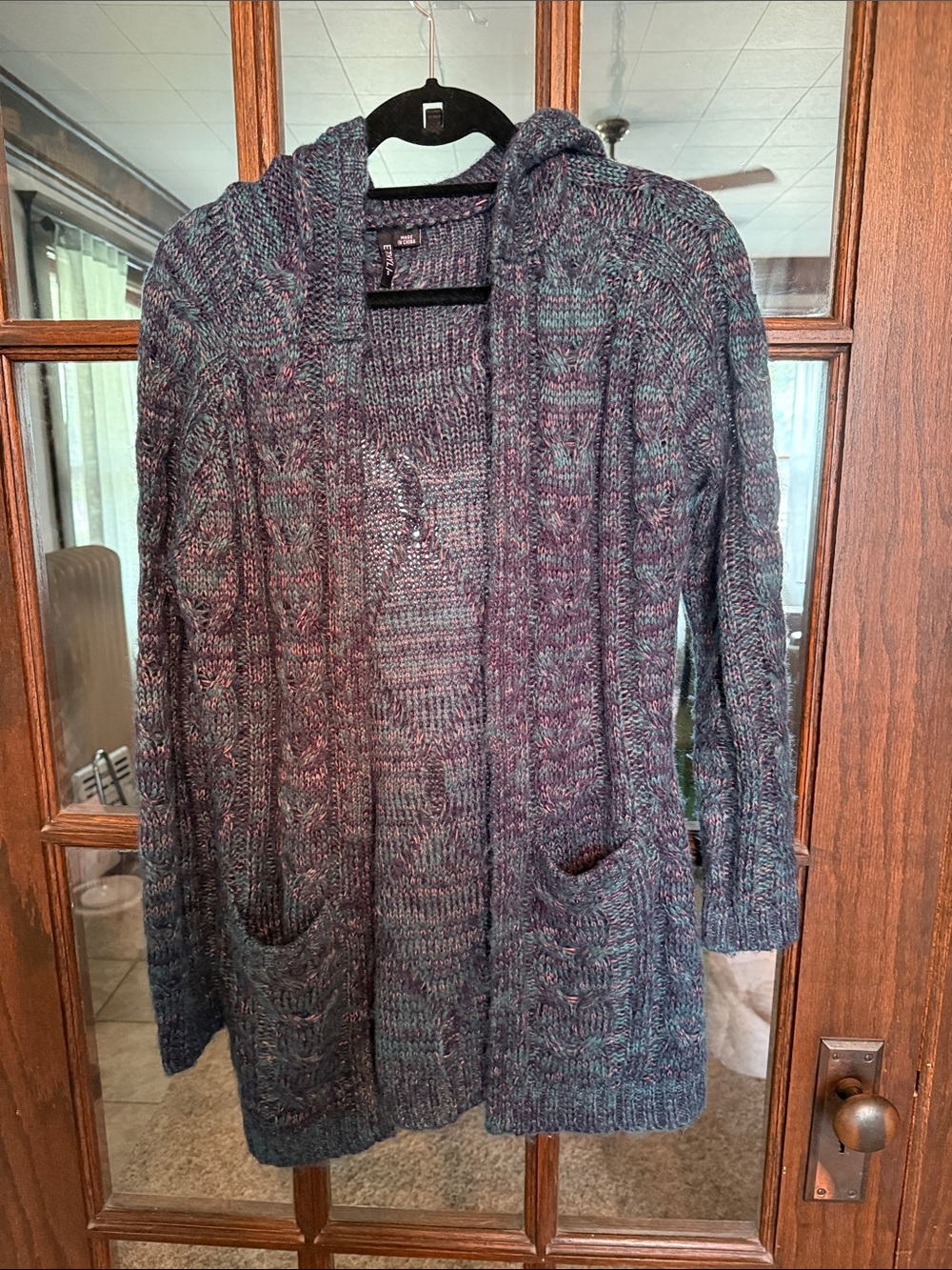 Ethyl Womens Space Dye Cable‎ Knit Hooded Cardigan Sweater Teal Purple Small